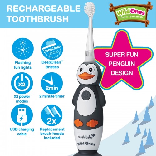 Brush-Baby | Brushbaby WildOnes Percy Penguin Rechargeable Sonic Electric Toothbrush (0-10 year olds) 2 years warranty